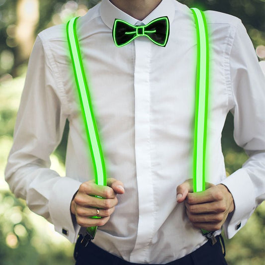 2 Pcs/Set, Light Up Men's LED Suspenders And Bow Tie, Perfect for Music Festival Halloween Costume Party, V1192-AZ-W-3972