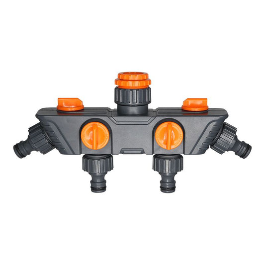 4-Way Distributor, 4 Ports, Orange, Metal/Plastic, Ball Valve, Garden Valve, Connector, Distributor V1192-AZ-W-4006