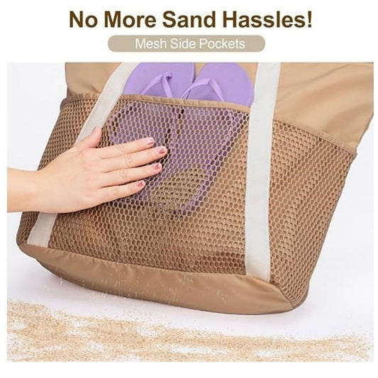 Beach Bag Large Waterproof Sandproof Foldable Tote for Women with Zipper Mesh Pockets for Pool Swim Travel V1192-AZ-W-9022