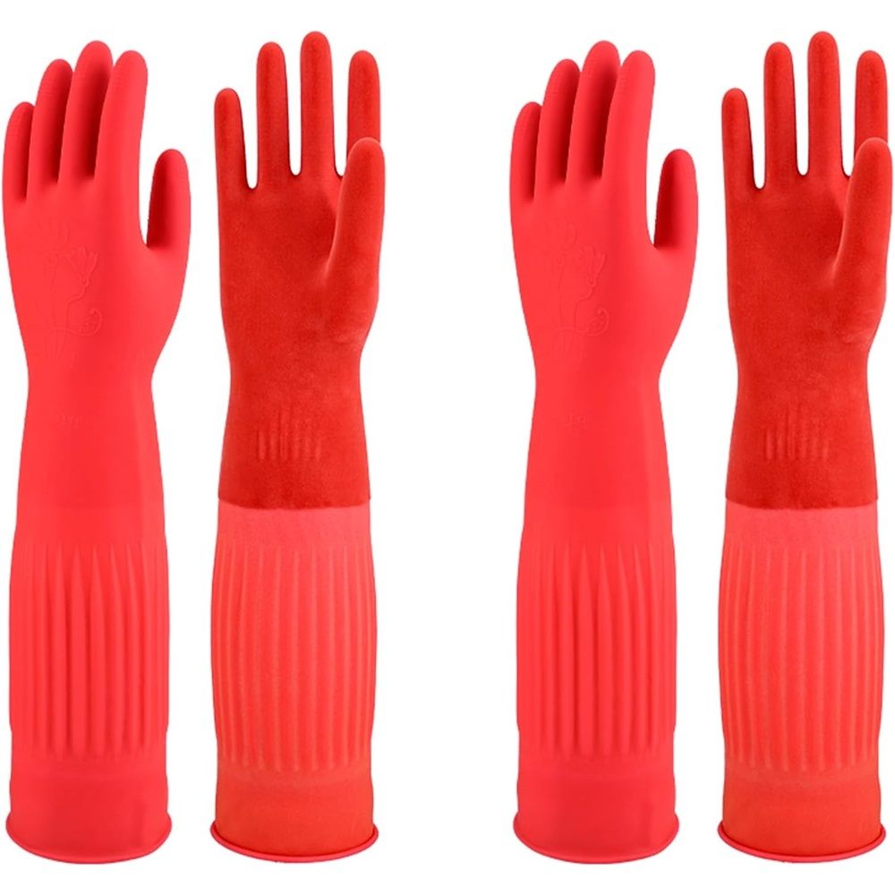 Rubber Dishwashing Cleaning Gloves (2-Pair) - Reusable, Waterproof with Extra-Long Cuff & Anti-Slip Design V1192-AZ-W-9045
