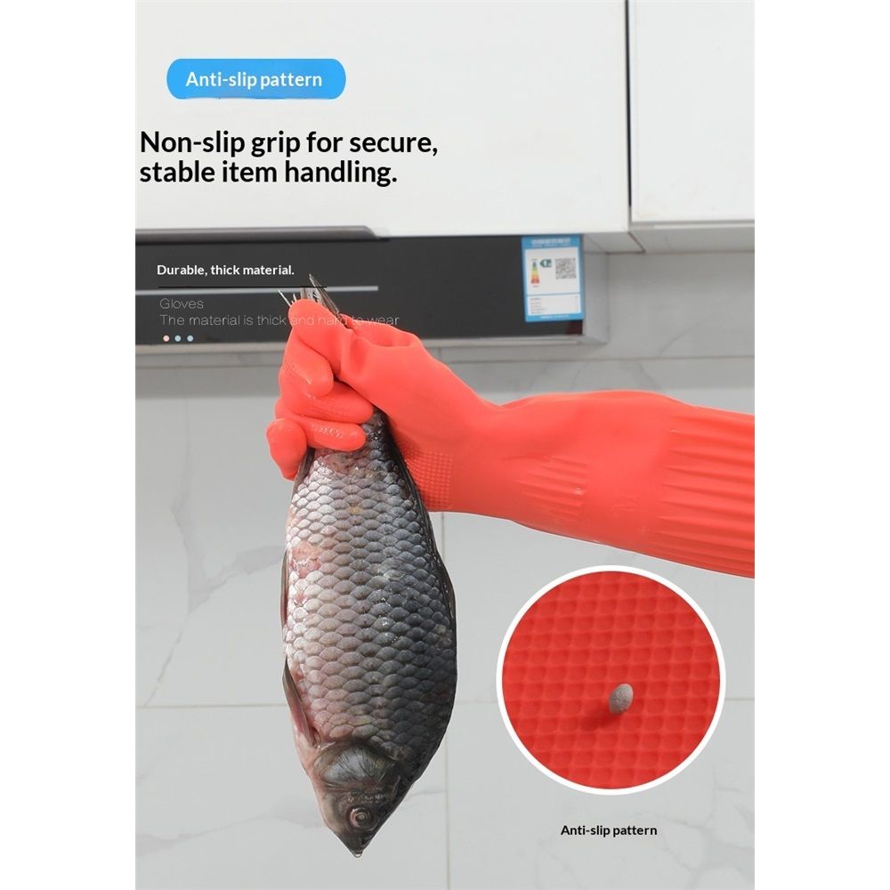 Rubber Dishwashing Cleaning Gloves (2-Pair) - Reusable, Waterproof with Extra-Long Cuff & Anti-Slip Design V1192-AZ-W-9045