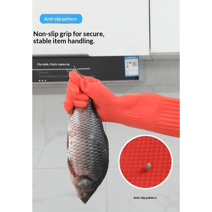 Rubber Dishwashing Cleaning Gloves (2-Pair) - Reusable, Waterproof with Extra-Long Cuff & Anti-Slip Design V1192-AZ-W-9045