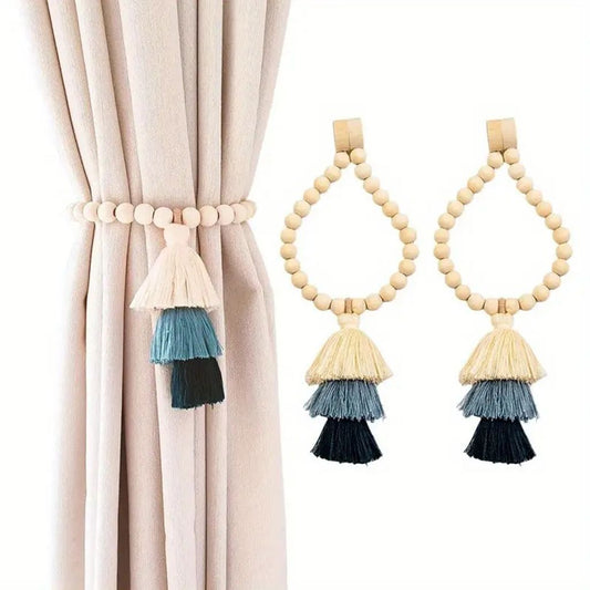 Handmade Magnetic Wooden Bead Curtain Tiebacks 2 PCS | Simple Elegant Magnetic Tassel Curtain Tie Backs | V1192-AZ-W-9062