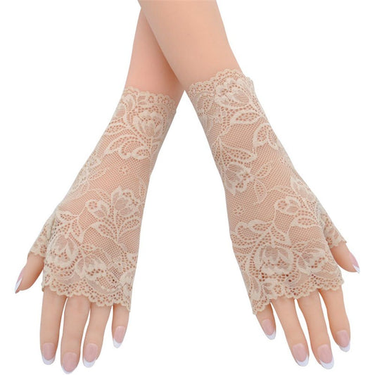 2 pairs Women Sunblock Short Lace Half Fingerless Gloves Fancy Wrist Length Bridal Wedding Events Party Glove V1192-AZ-W-9095
