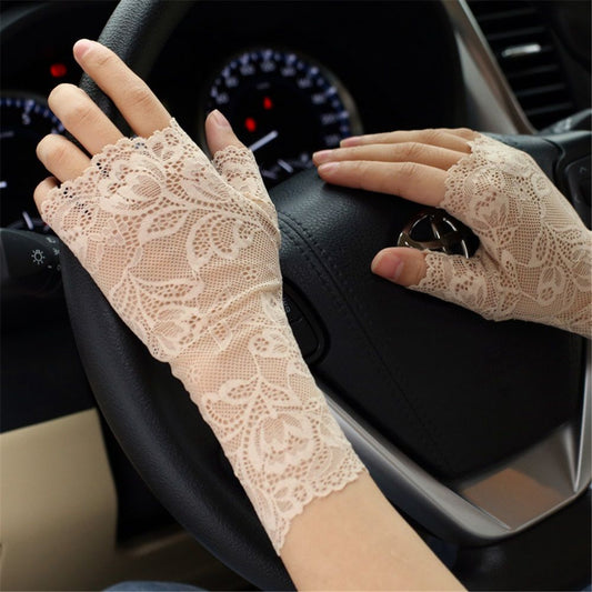 2 pairs Women Sunblock Short Lace Half Fingerless Gloves Fancy Wrist Length Bridal Wedding Events Party Glove V1192-AZ-W-9095