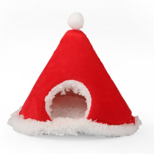 Cat Bed Christmas Hat Cat Tent House Self-Warming Comfortable Triangle Pet Xmas Dog Cave in Winter (Red) V1192-AZ-W-9109