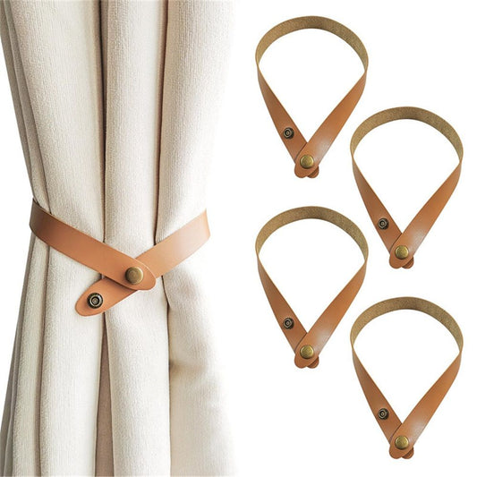 Set of 4 Leather Curtain Tiebacks, Modern Faux Leather Curtain Straps with Adjustable Buttons, No Drill V1192-AZ-W-9117