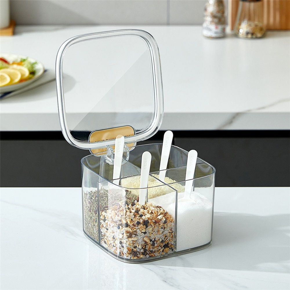 Clear Box, 4-Compartment Sealed Container Set with Lid,Plastic Kitchen Condiment Jars to Store Salt, Pepper, V1192-AZ-W-9154