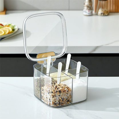 Clear Box, 4-Compartment Sealed Container Set with Lid,Plastic Kitchen Condiment Jars to Store Salt, Pepper, V1192-AZ-W-9154
