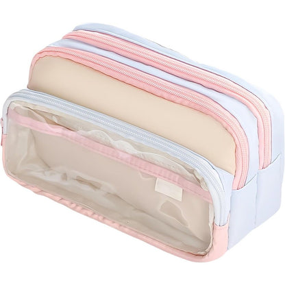 4-Layer Transparent Large Capacity Pencil Case - Aesthetic Style Makeup & Supplies Organizer Pouch (Pink blue) V1192-AZ-W-9169