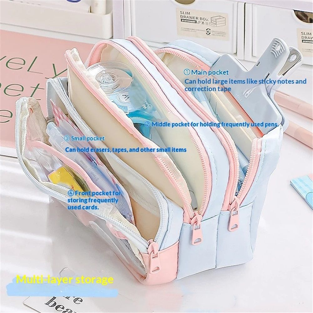 4-Layer Transparent Large Capacity Pencil Case - Aesthetic Style Makeup & Supplies Organizer Pouch (Pink blue) V1192-AZ-W-9169