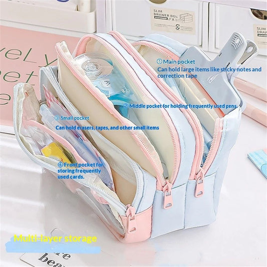 4-Layer Transparent Large Capacity Pencil Case - Aesthetic Style Makeup & Supplies Organizer Pouch (Pink blue) V1192-AZ-W-9169