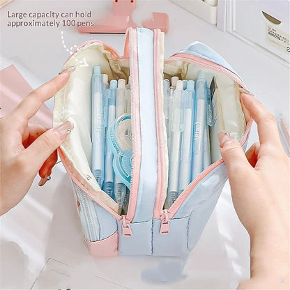 4-Layer Transparent Large Capacity Pencil Case - Aesthetic Style Makeup & Supplies Organizer Pouch (Pink blue) V1192-AZ-W-9169