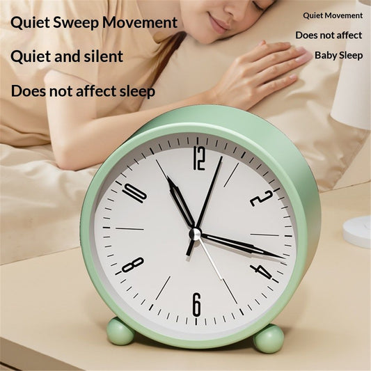 Nightlight Alarm Clock 4.5" Round Silent Alarm Clock Bedside Desk Non-Ticking Travel Clock Battery Operated V1192-AZ-W-9213
