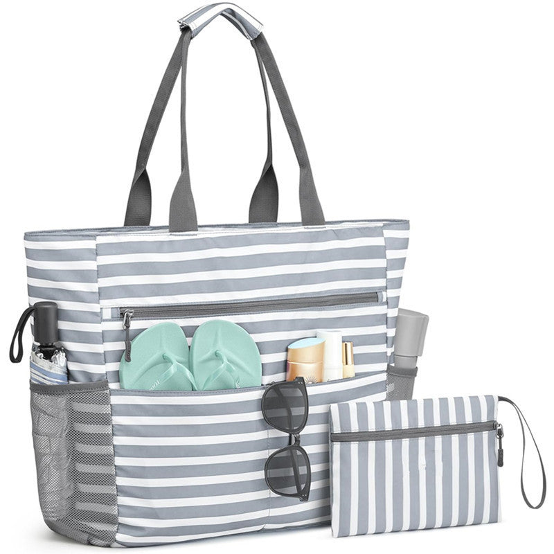 Gray Striped Beach Bag - Spacious Lightweight Tote for Travel, Pool & Vacation English Description: V1192-D41