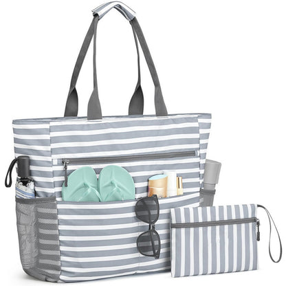 Gray Striped Beach Bag - Spacious Lightweight Tote for Travel, Pool & Vacation English Description: V1192-D41