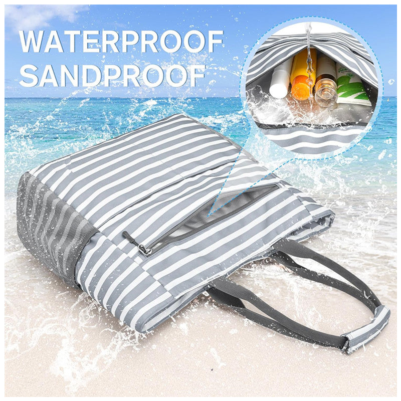 Gray Striped Beach Bag - Spacious Lightweight Tote for Travel, Pool & Vacation English Description: V1192-D41
