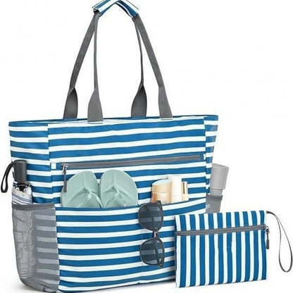 Blue Striped Beach Bag - Spacious Lightweight Tote for Travel, Pool & Summer Getaways V1192-D49