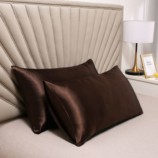 A pair of solid-color silk-like pillowcase pillowcase and envelope pillow (coffee color) V1192-DRO-0003