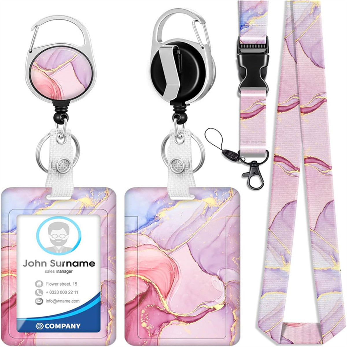 1pc card holder, pink marble-patterned tag, badge scroll, retractable easy-pull buckle, detachable lanyard V1192-DRO-0022