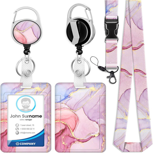 1pc card holder, pink marble-patterned tag, badge scroll, retractable easy-pull buckle, detachable lanyard V1192-DRO-0022