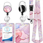 1pc card holder, pink marble-patterned tag, badge scroll, retractable easy-pull buckle, detachable lanyard V1192-DRO-0022