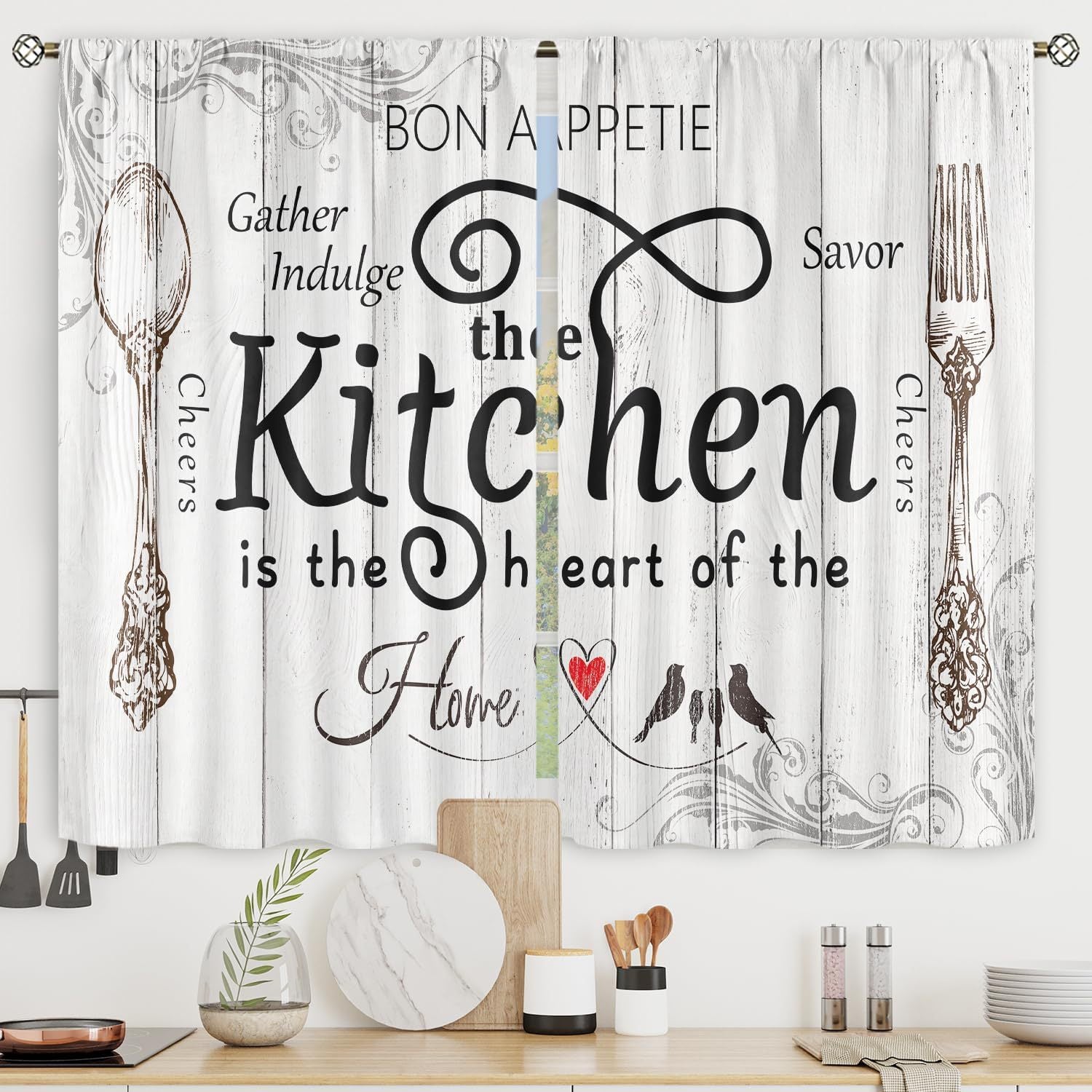 Kitchen Curtain 3-Piece Set - Gather & Savor Themed Window Drapes V1192-GMCS-1031-001