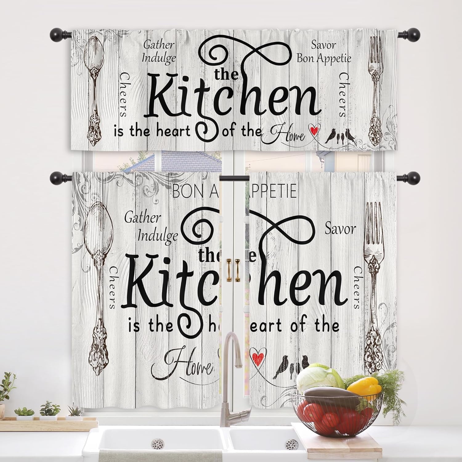 Kitchen Curtain 3-Piece Set - Gather & Savor Themed Window Drapes V1192-GMCS-1031-001