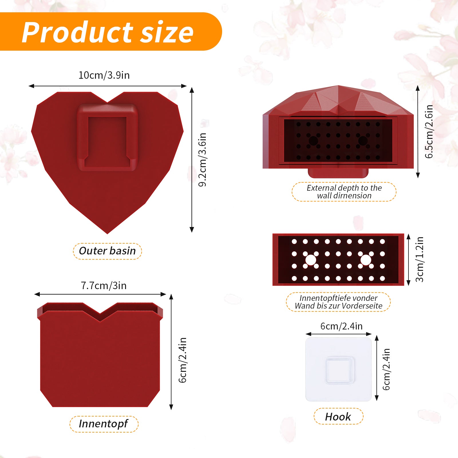 Wall Mounted Planter - NO DRILLING,Houseplant Wall Display Ideas,3D Printed Wall Planter with Drainage Tray V1195-V3DOY000470RED