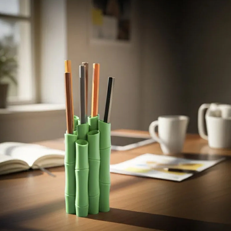 A 3D-printed bamboo pen holder can hold pens, pencils, markers, or drawing tools, adding a tranquil and V1195-VYY0009