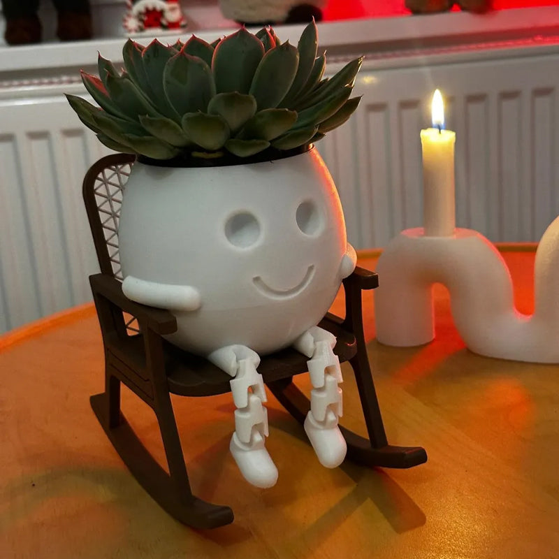 3D printed rocking planter, perfect as a desktop decoration, bookshelf embellishment, or gift. White. V1195-VYY0025