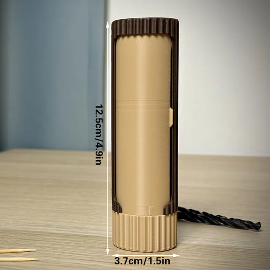 3D-printed compact rotating organizer capsule, 1.5 inches long x 4.9 inches high. V1195-VYY0051