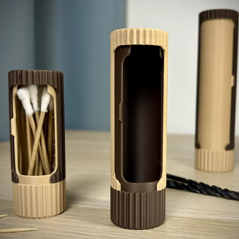 3D-printed compact rotating organizer capsule, 1.3 inches long x 5.9 inches high. V1195-VYY0052