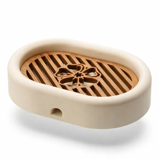 3D-printed oval soap dish with drain rack, white and wood-look. V1195-VYY0057