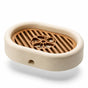 3D-printed oval soap dish with drain rack, white and wood-look. V1195-VYY0057