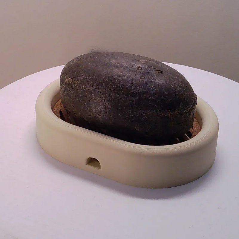 3D-printed oval soap dish with drain rack, white and wood-look. V1195-VYY0057