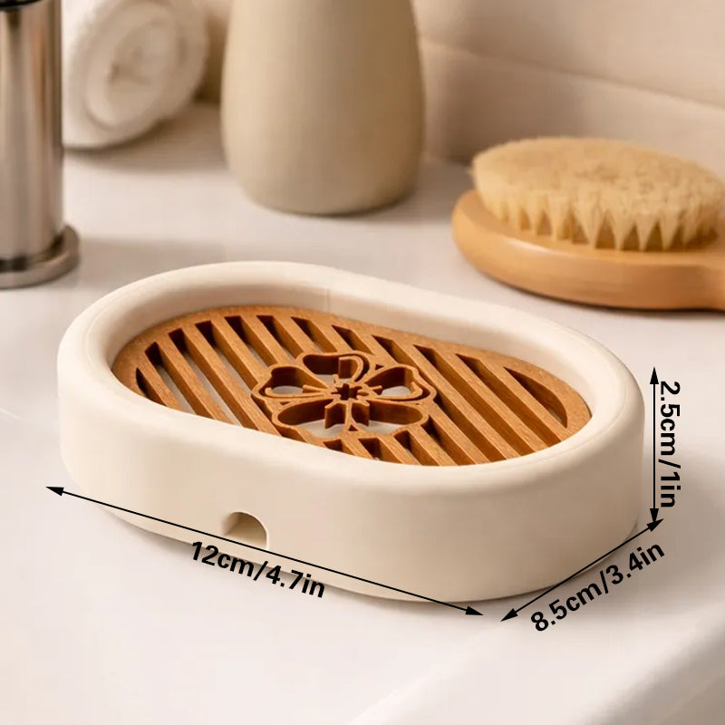 3D-printed oval soap dish with drain rack, white and wood-look. V1195-VYY0057