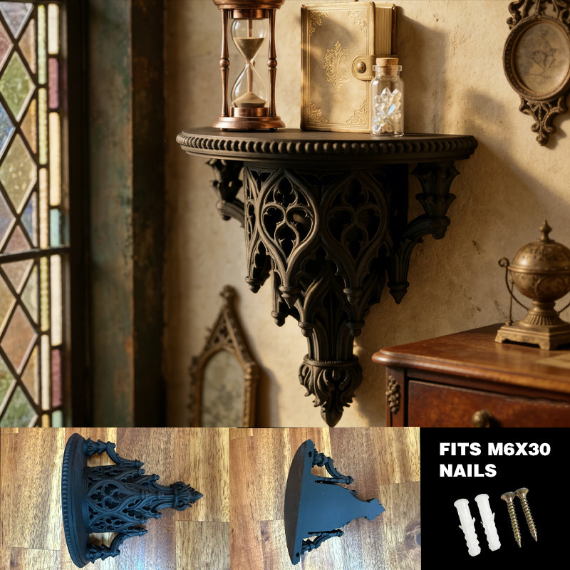 Lightweight 3D-printed scroll wall shelf, black, with m6x30 nails. V1195-VYY0072