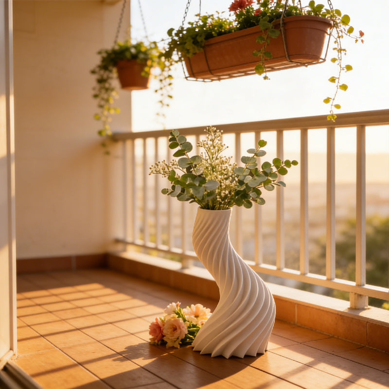 3D-printed spiral striped vase, perfect for small indoor plants, white. V1195-VYY0074