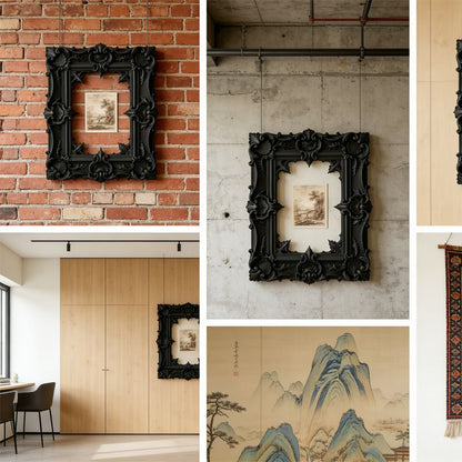 A gorgeous 3D-printed wall-mounted picture frame, perfect for displaying antique prints. Black. V1195-VYY0077