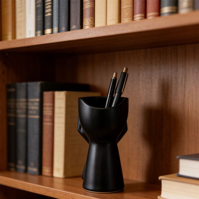 3D-printed rock face vase or office organizer, black. V1195-VYY0083