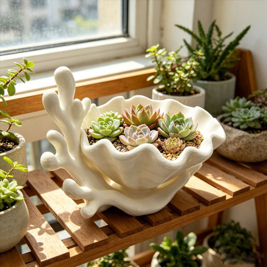 3D-printed coastal coral and clam shell succulent planter pot, white V1195-VYY0088