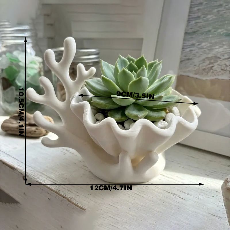 3D-printed coastal coral and clam shell succulent planter pot, white V1195-VYY0088
