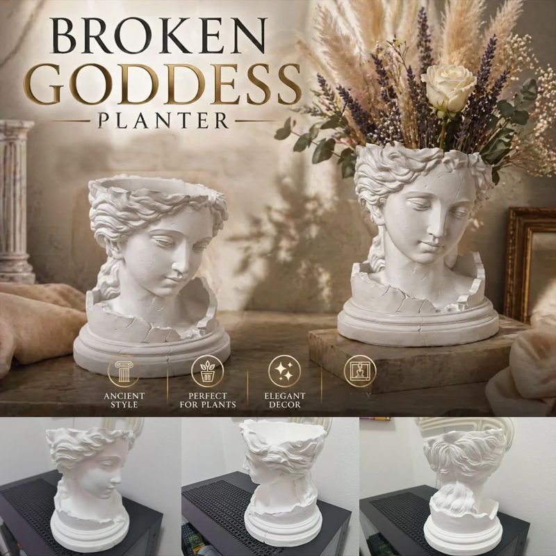 A 3D-printed, broken goddess-themed flowerpot, combining decorative and functional elements, in white. V1195-VYY0093