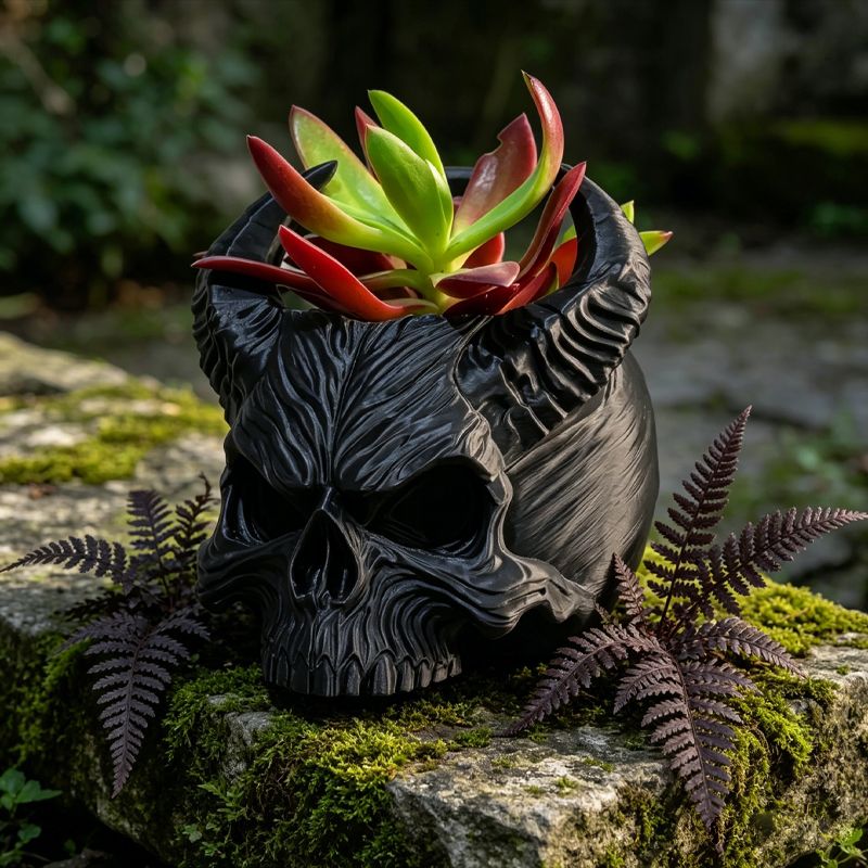 3D-printed horned skull flower pot, succulent plant pot, black. V1195-VYY0094