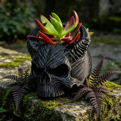 3D-printed horned skull flower pot, succulent plant pot, black. V1195-VYY0094