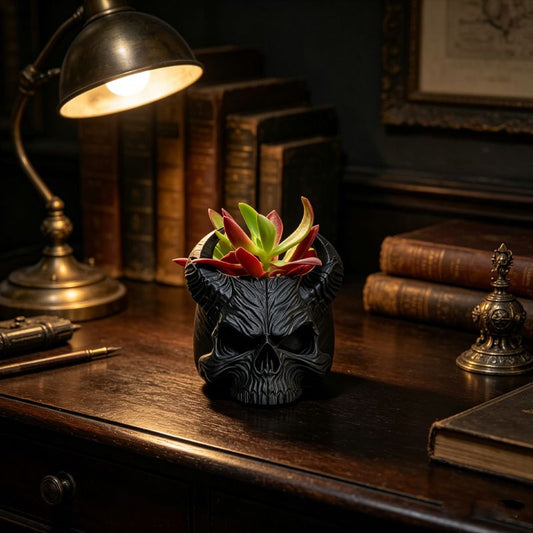3D-printed horned skull flower pot, succulent plant pot, black. V1195-VYY0094