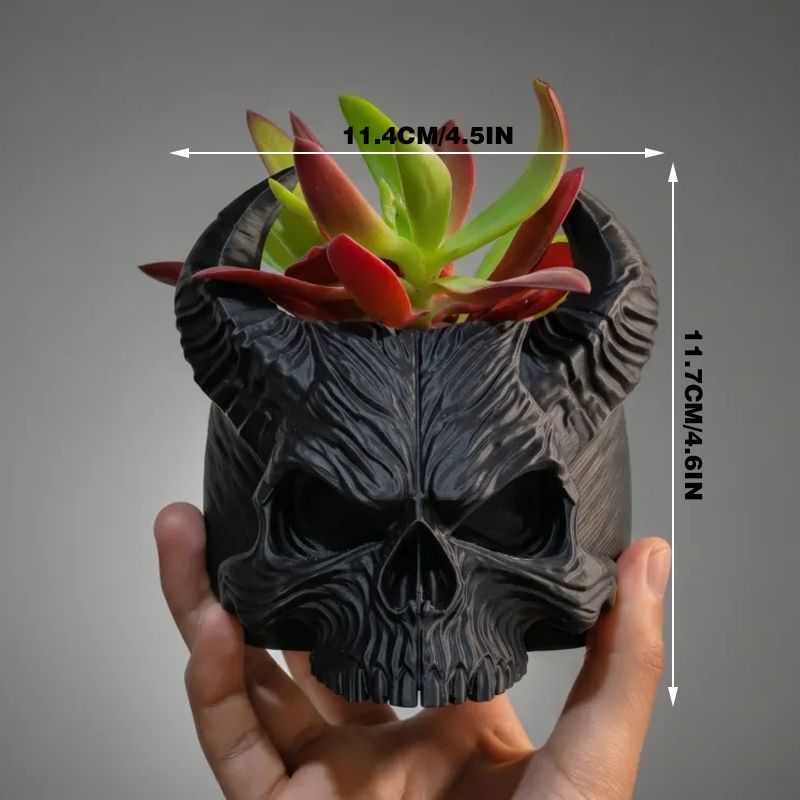 3D-printed horned skull flower pot, succulent plant pot, black. V1195-VYY0094
