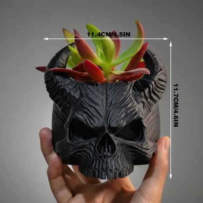 3D-printed horned skull flower pot, succulent plant pot, black. V1195-VYY0094