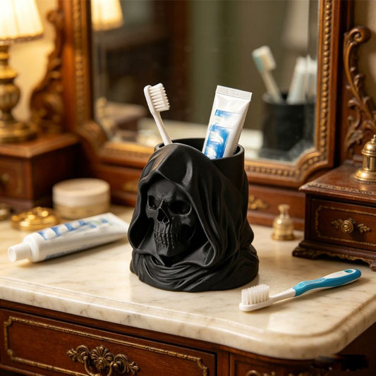 3D-printed hooded skull organizer, perfect for storing toothbrushes and toothpaste in your bathroom. Black. V1195-VYY0095